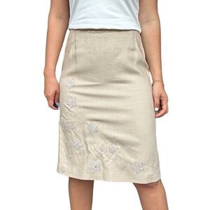 Oscar de la Renta Vintage Skirt Floral Patches Beige Classic Wool Blend Size 6